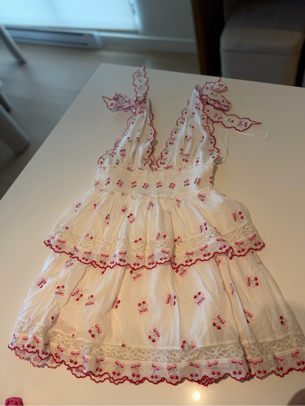 LoveShackFancy Sleeveless Pink Cherry-Print Tiered Dress - Picture 4 of 5